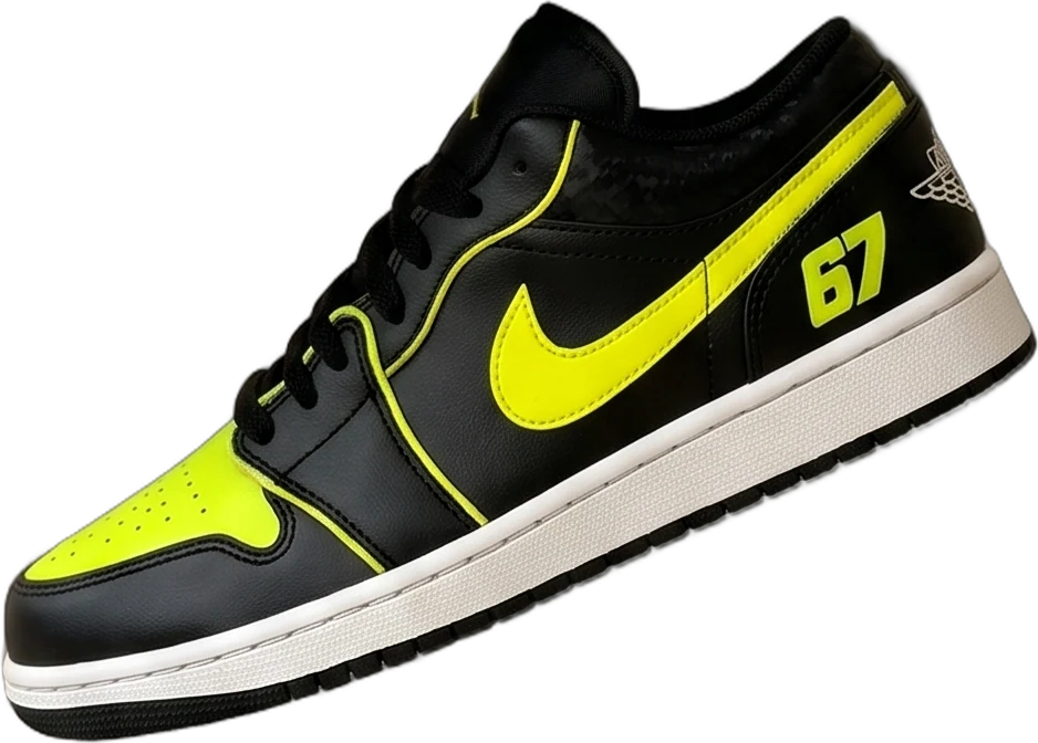 Custom black and neon yellow low-top sneakers numbered 23 and 67