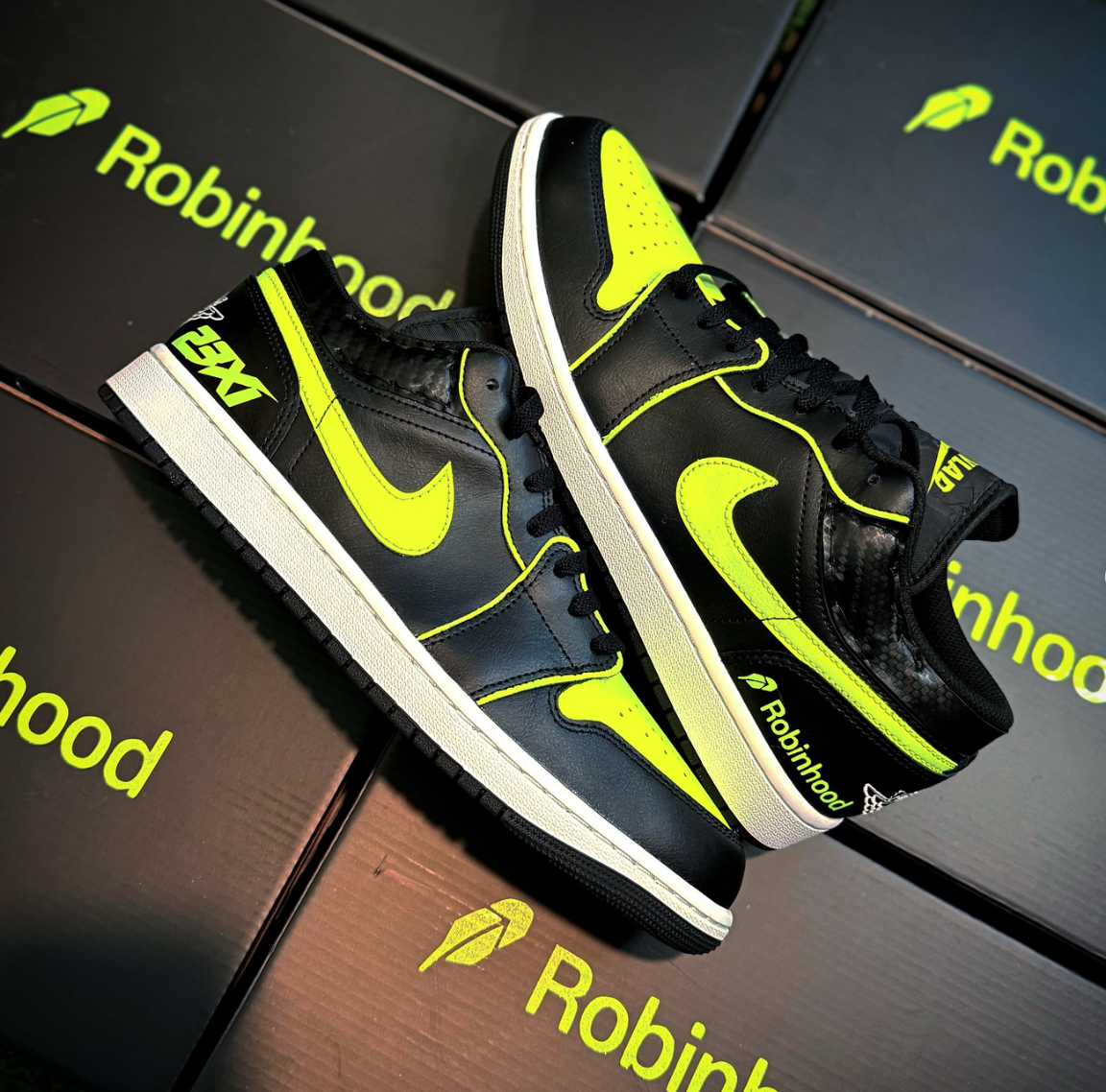 Neon green and black custom sneakers made for Robinhood